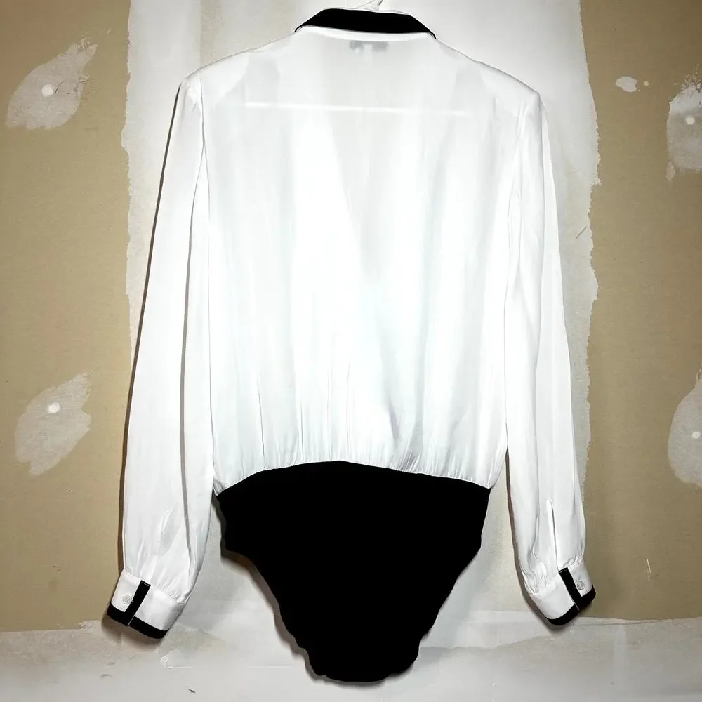 Reiss Jayde Bodysuit Blouse Long Sleeve Low V-Neck White Black 8